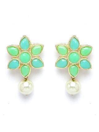 Karatcart Gold Plated Pearl Beaded Light Blue and Light Green Kundan Stone Choker Necklace Set